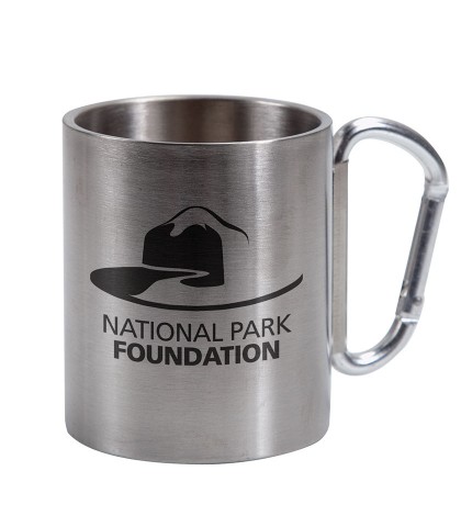 custom national park foundation branding on a stainless steel carabiner mug
