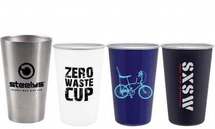 silver, white, blue, and black custom branded stainless steel pint cups