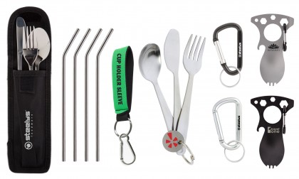 stainless steel straws, carabiners, utensils set, and neoprene bottle strap