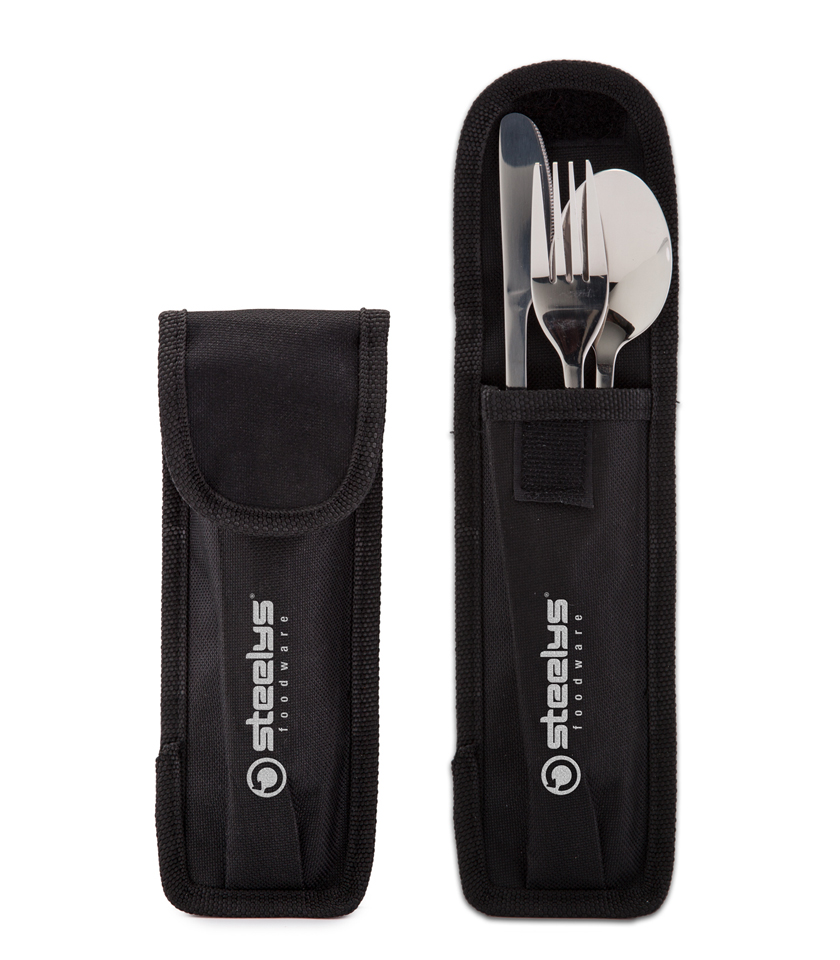 eco friendly stainless steel utensil set in black nylon pouch