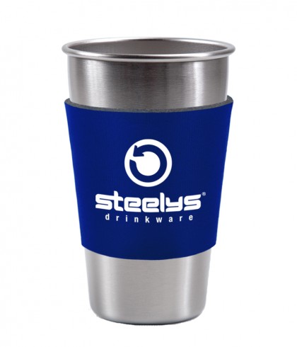 blue neoprene koozie on stainless steel pint cup